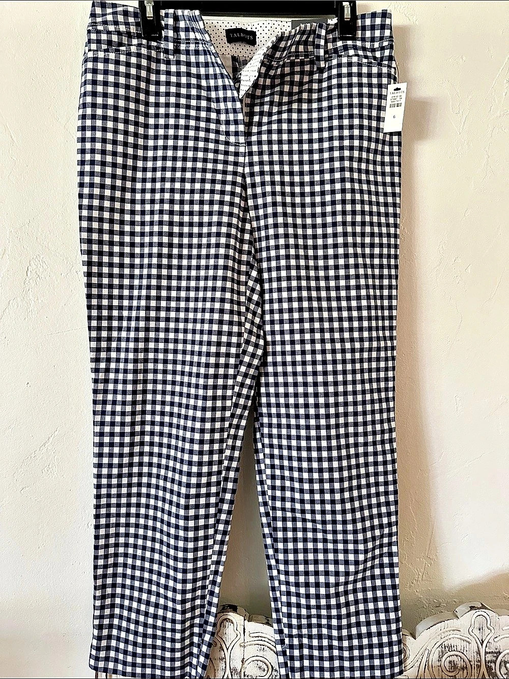 New Talbots Chatham Cotton Bi-Stretch Slim Ankle Pants - Gingham Blue